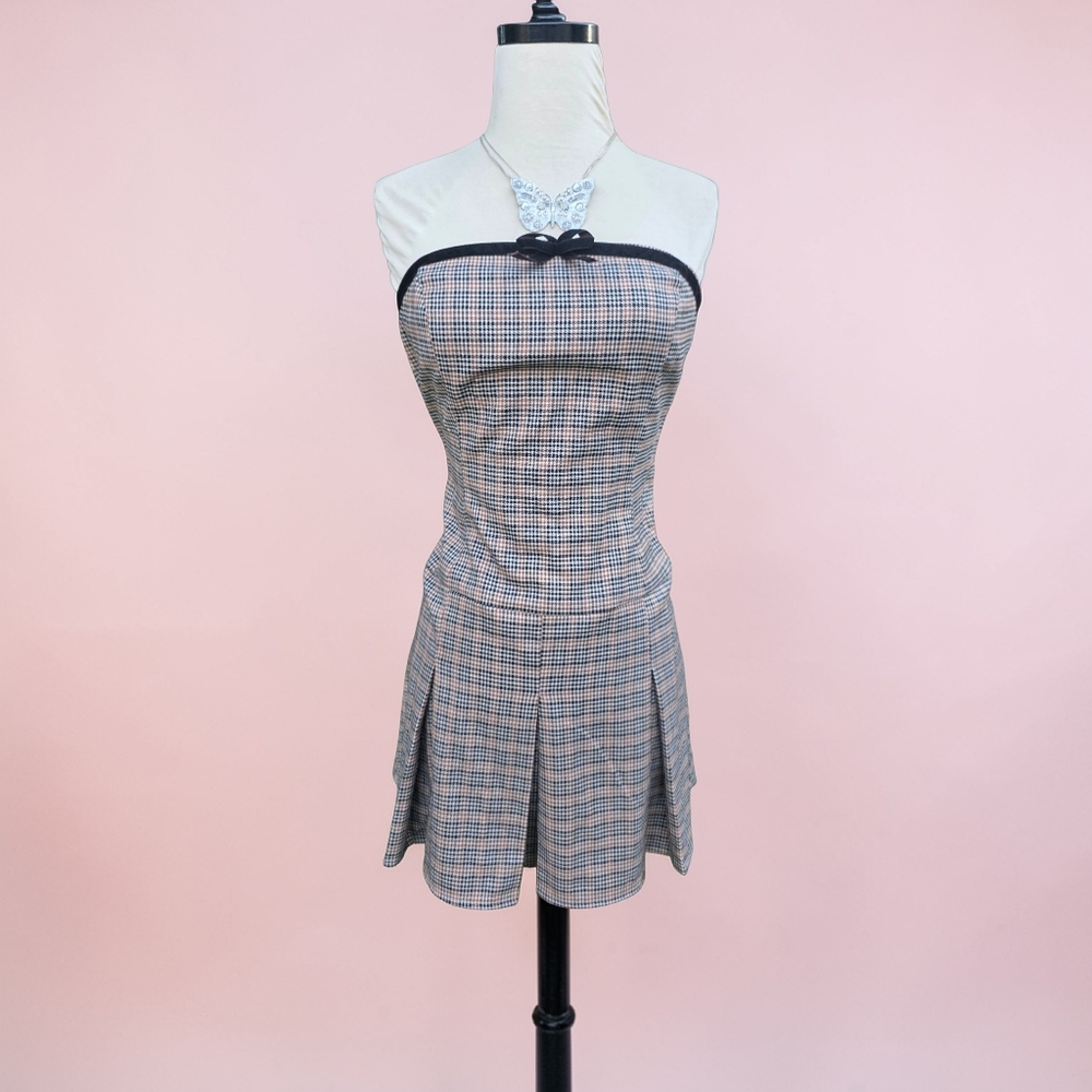 Motel Panola Plaid Strapless Mini Dress With Bow Detail Size Medium